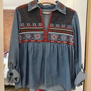 Great condition!! Embroidered denim top